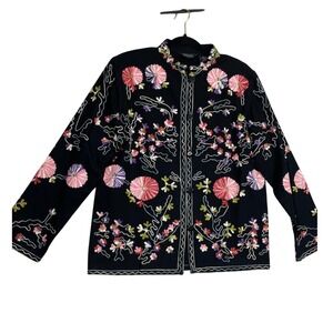 Take Two Clothing Co Size M Women Jacket Floral Embroidered Cotton Black Long Sl